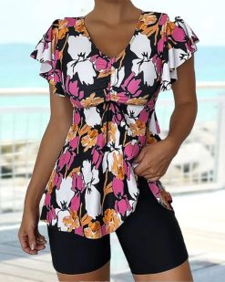 Printed ruffle sleeve tankini swimsuit